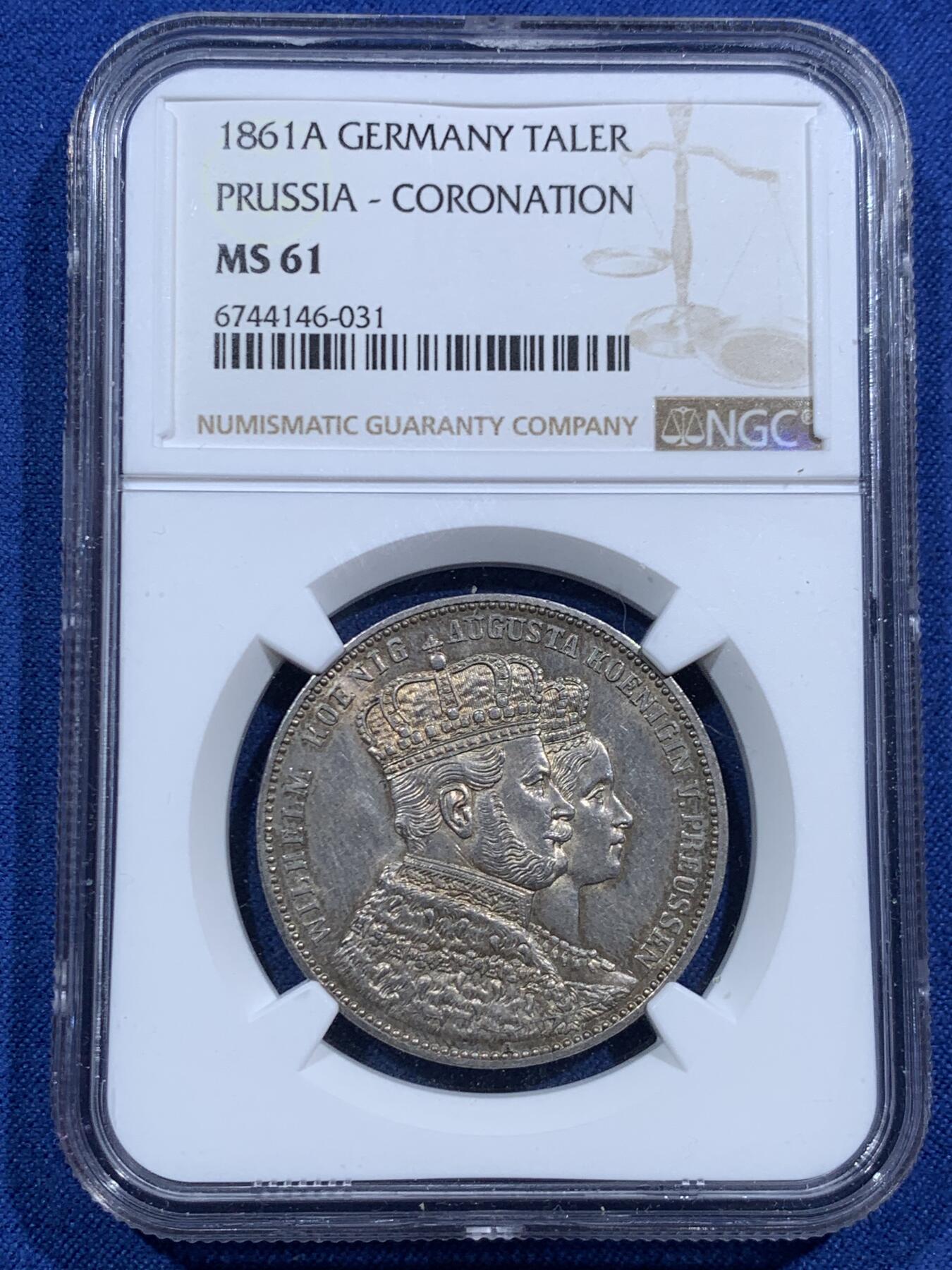 《竞宝斋》第463-465场 周日，周一，周二，3场连拍 （全场包邮）欢迎送拍 NGC MS61 德国普鲁士1861年威廉一世加冕纪念1泰勒银币