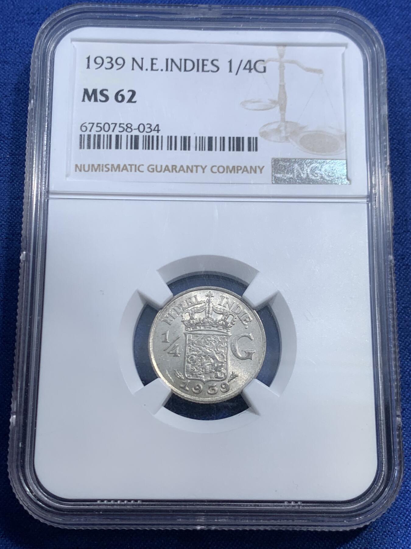 《竞宝斋》第463-465场 周日，周一，周二，3场连拍 （全场包邮）欢迎送拍 NGC MS62 荷属东印度1939年1/4盾银币 威廉明娜女王在位时期发行