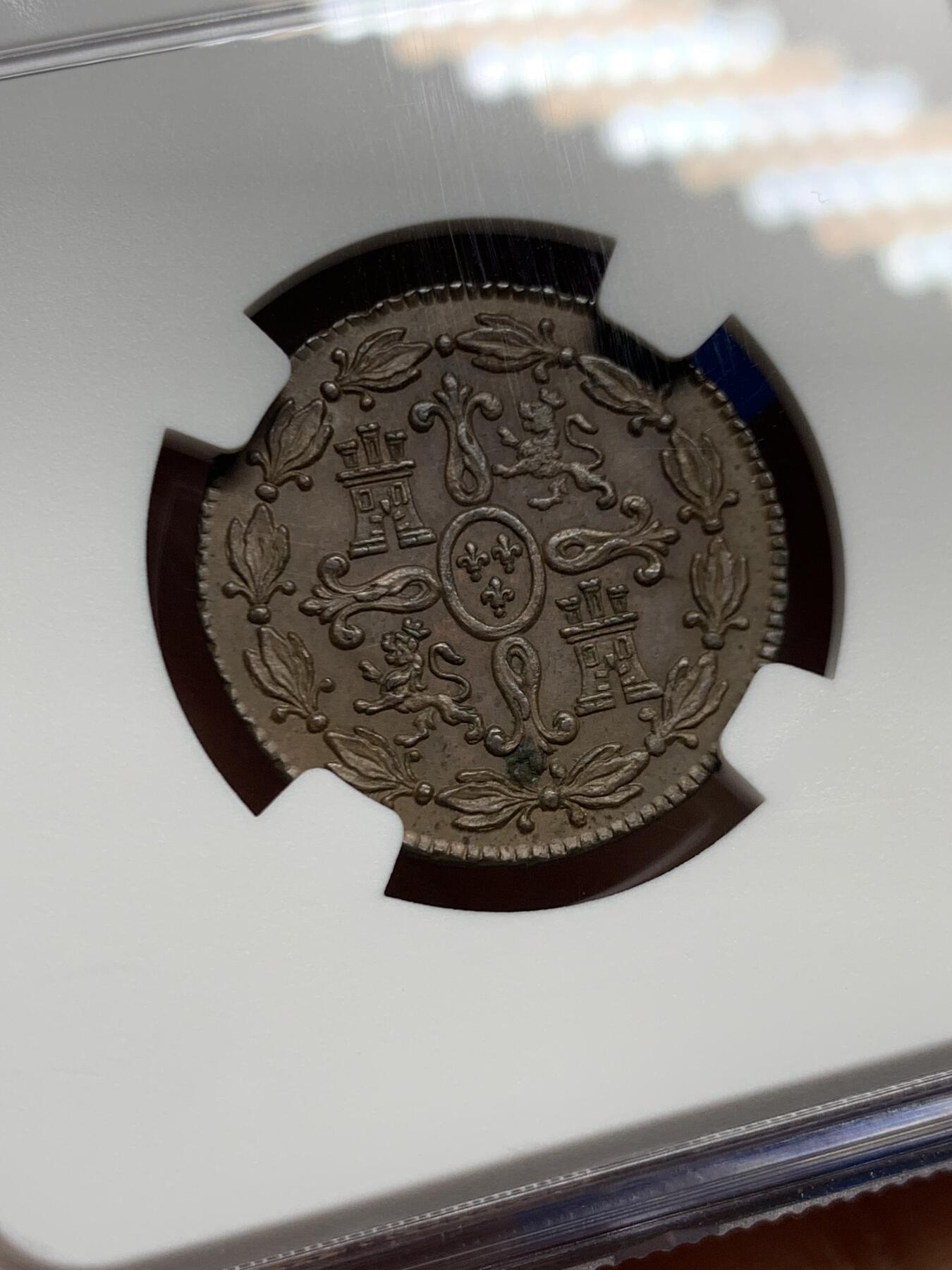 《竞宝斋》第463-465场 周日，周一，周二，3场连拍 （全场包邮）欢迎送拍 唯一冠军分 NGC MS62BN 西班牙 本土 1775年 卡三 4M 铜币 好状态的比主币难很多