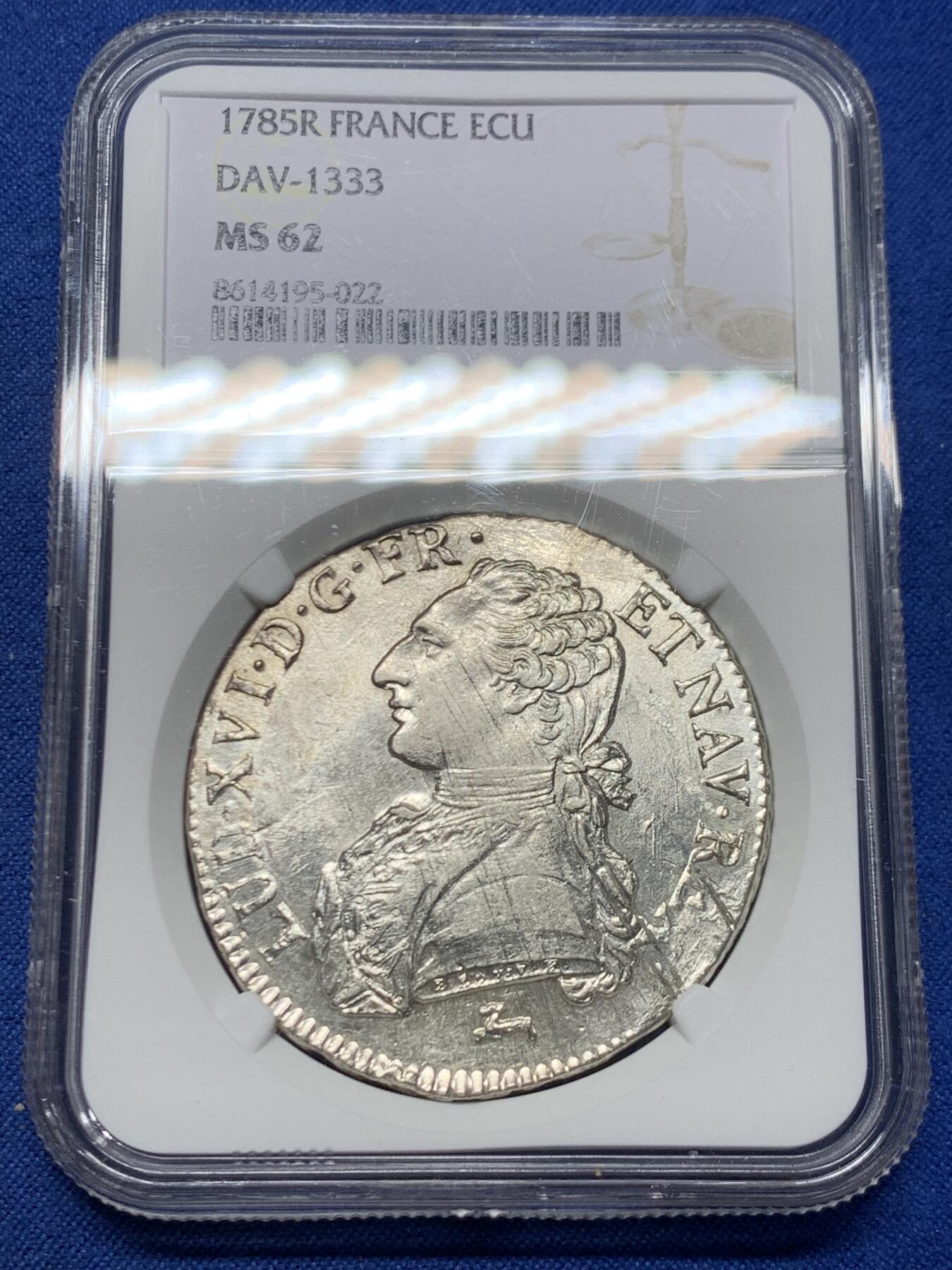 《竞宝斋》第463-465场 周日，周一，周二，3场连拍 （全场包邮）欢迎送拍 唯一冠军分 NGC MS62 法国1785R路易十六埃居 R少见小厂奥尔良铸造 为PCGS及NGC的唯一MS评级记录。转光好打制清晰实属难得，值得收藏。