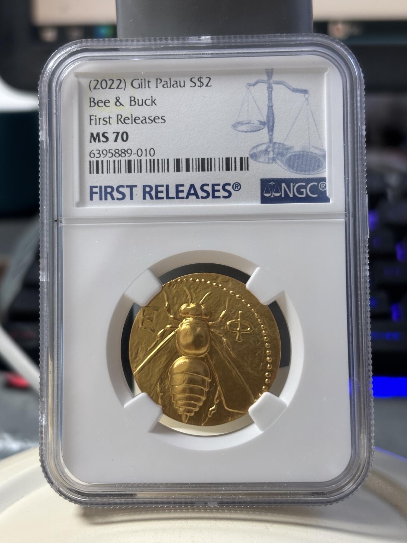 第190期拍卖 帕劳2022年复刻古希腊蜜蜂和雄鹿银币NGC-MS70首期，999银镀金，15克，发行500枚