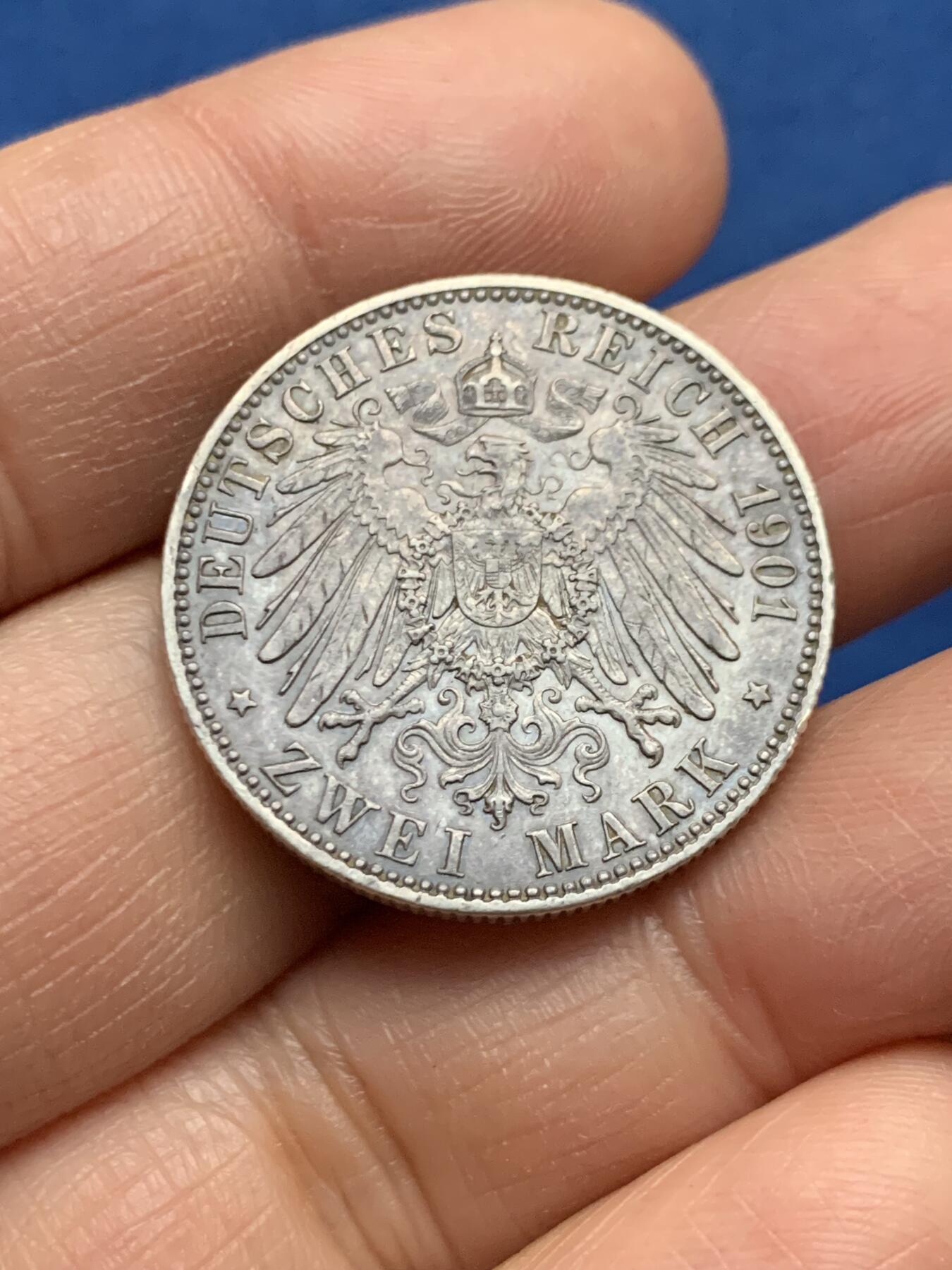 《竞宝斋》第463-465场 周日，周一，周二，3场连拍 （全场包邮）欢迎送拍 德国1901年普鲁士建国2马克银币 11.1克