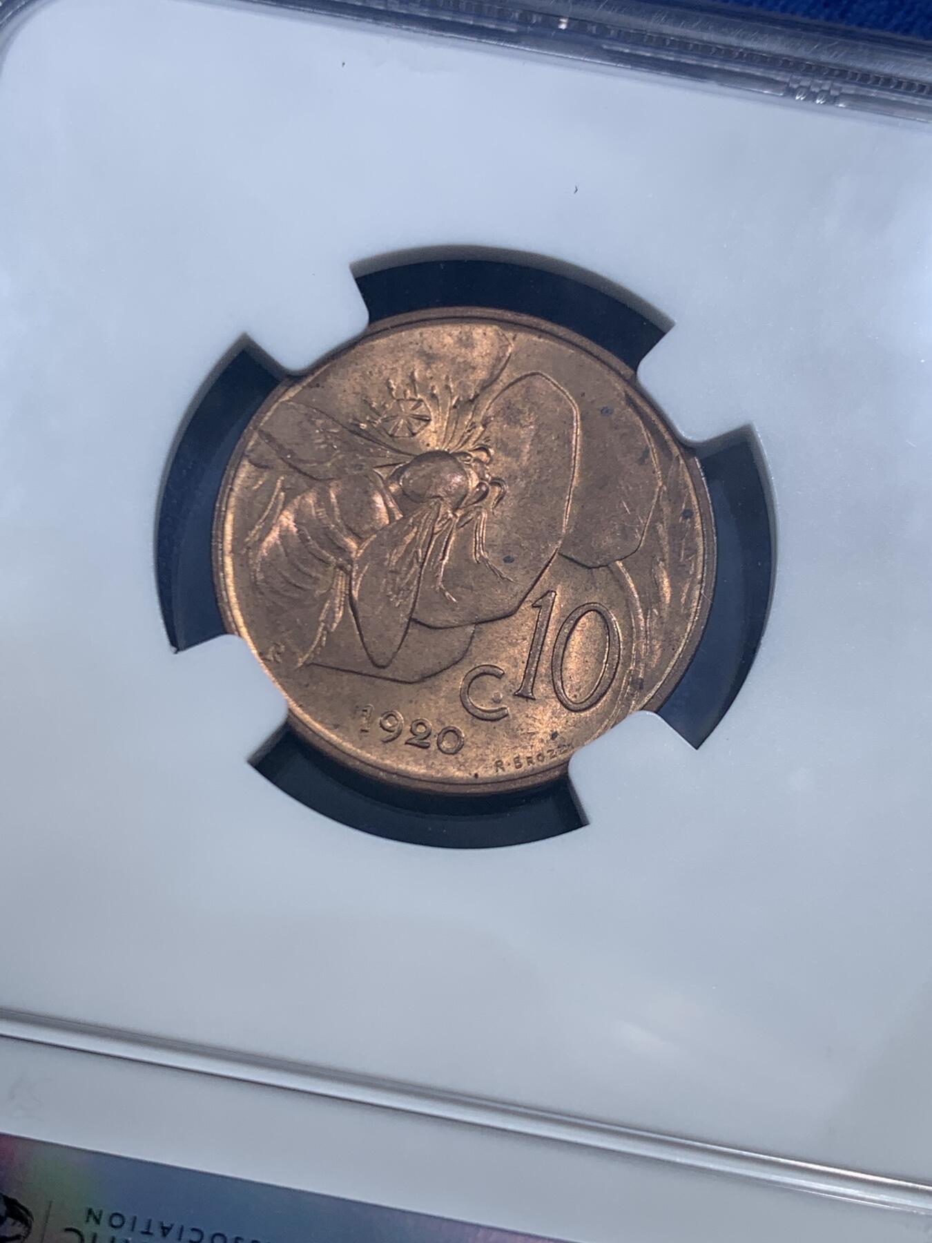 《竞宝斋》第463-465场 周日，周一，周二，3场连拍 （全场包邮）欢迎送拍 NGC MS64RB 意大利1920年小蜜蜂10分，古典主义风格代表作品，极美的设计，原铜光不容易