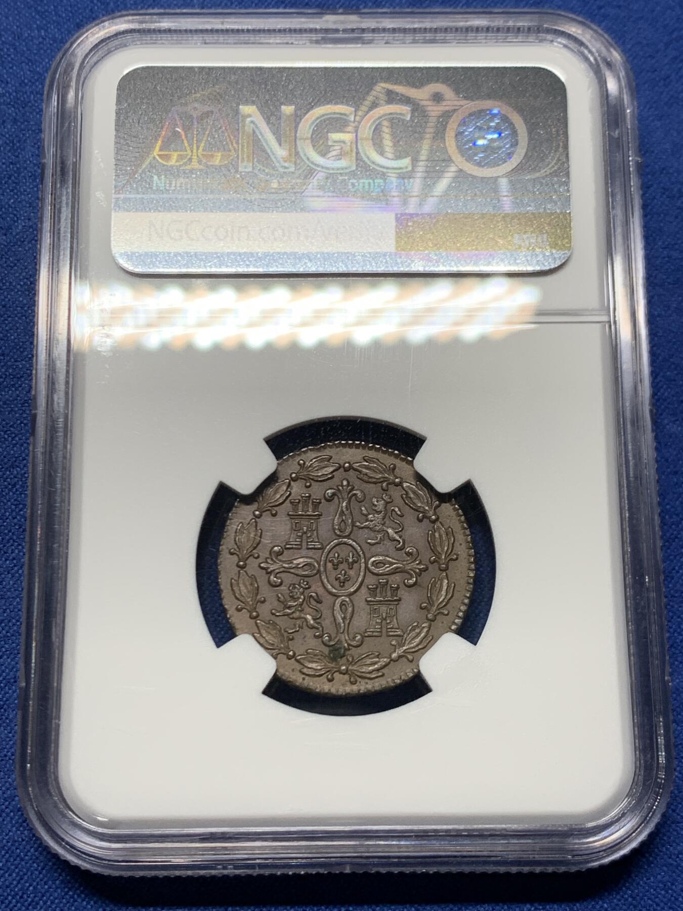 《竞宝斋》第463-465场 周日，周一，周二，3场连拍 （全场包邮）欢迎送拍 唯一冠军分 NGC MS62BN 西班牙 本土 1775年 卡三 4M 铜币 好状态的比主币难很多