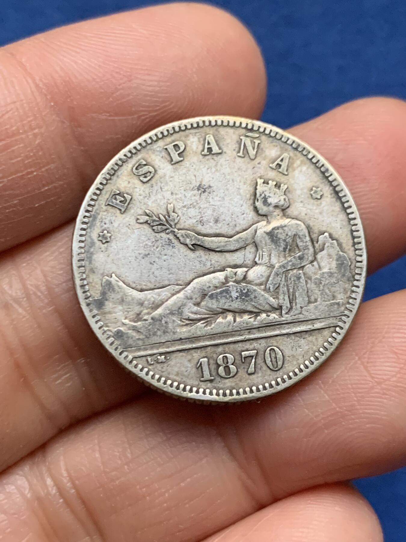 《竞宝斋》第463-465场 周日，周一，周二，3场连拍 （全场包邮）欢迎送拍 西班牙 1870年 2比塞塔 银币 临时政府时期发行 双柱银币里最少见的品种 传世老包浆 细节不错