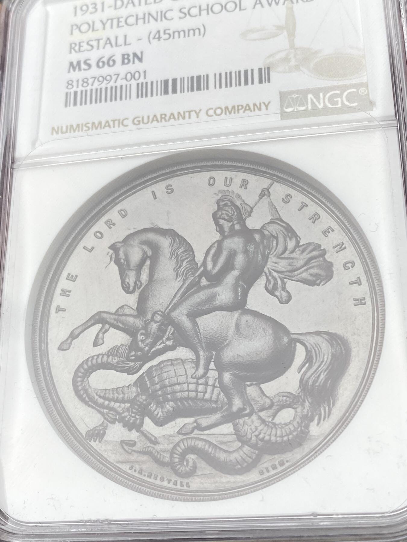 万国钱币拍卖第060期（万国六十期纪念大拍） NGC MS66 1931英国理工学院屠龙铜章 颁发给现代语言法国文学专业的A.Angus 高浮雕肉眼无瑕GEM品质