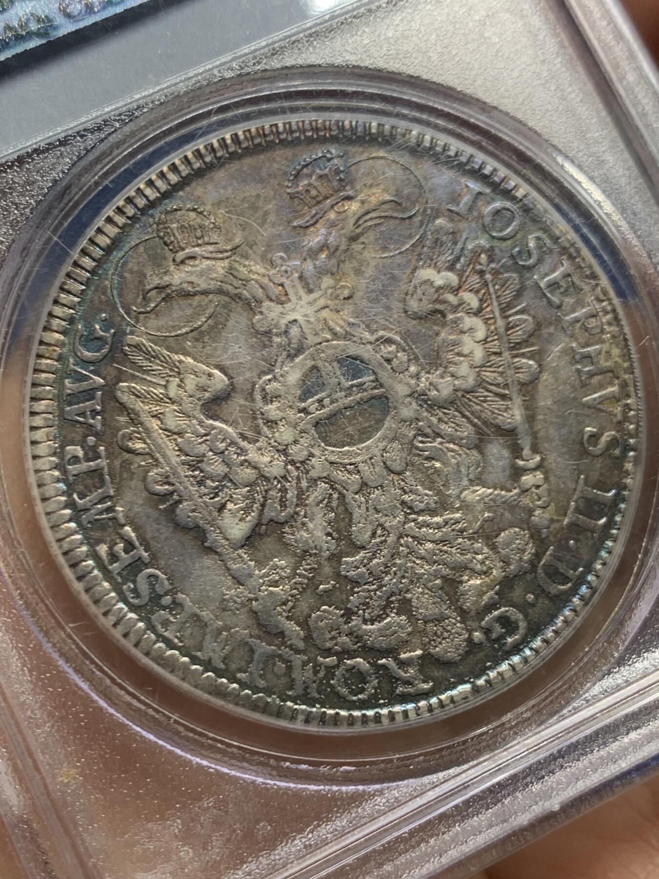 《竞宝斋》第463-465场 周日，周一，周二，3场连拍 （全场包邮）欢迎送拍 PCGS AU50 德国纽伦堡1765年双头鹰景观泰勒大银币 早期P盒 保存很不错 状态包浆同样惊人美丽