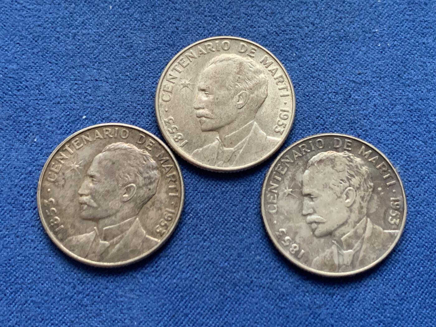 《竞宝斋》第463-465场 周日，周一，周二，3场连拍 （全场包邮）欢迎送拍 三枚一组 古巴1953年25分银币，彩很好看，总重18.35g，900银