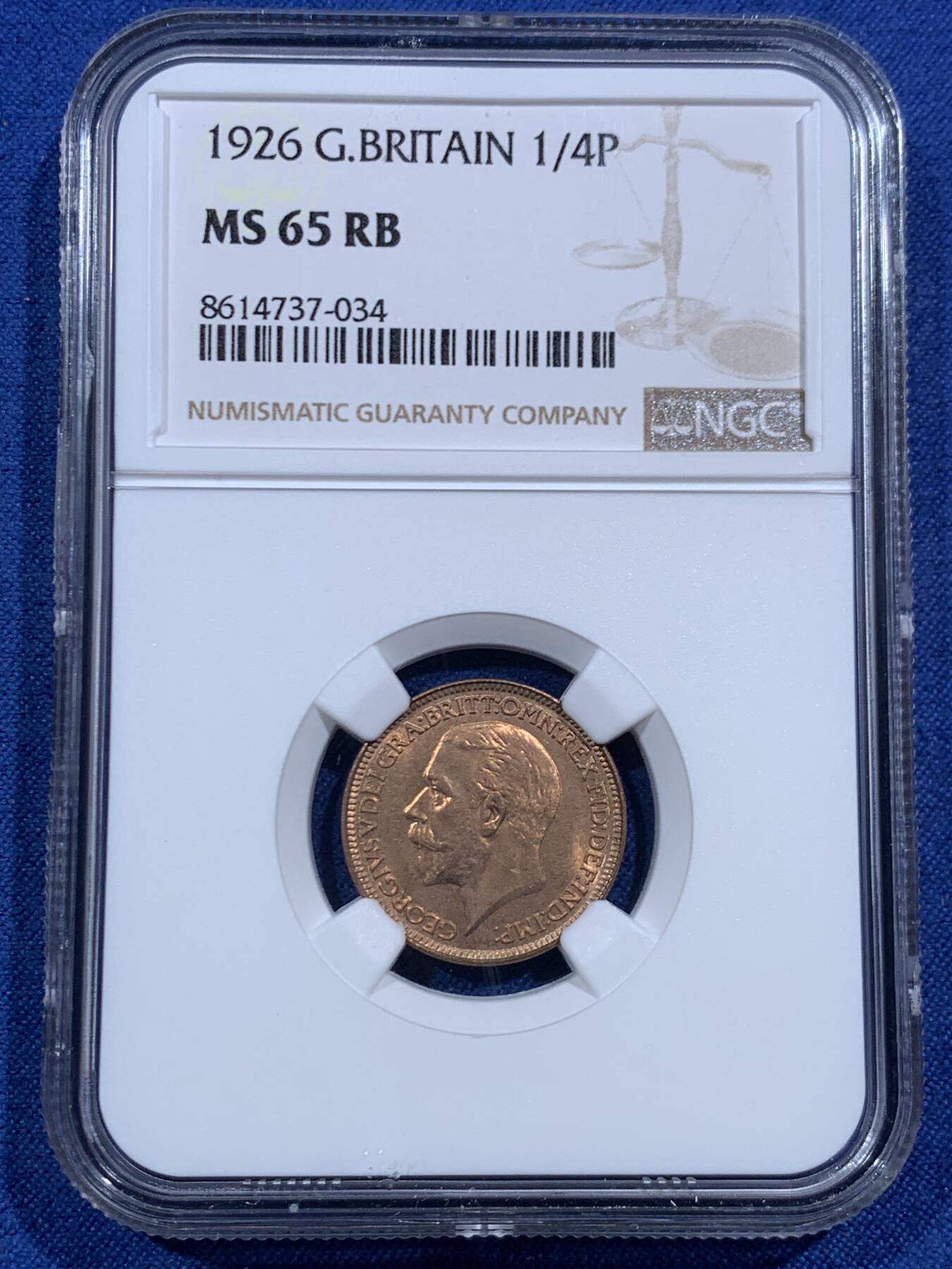 《竞宝斋》第463-465场 周日，周一，周二，3场连拍 （全场包邮）欢迎送拍 NGC MS65RB 英国1926年乔治五世国王1法新，1/4便士铜币。第三版头像 相较前两版对于细节的营造更为清晰，整体更加工整。高分难得，但是实际状态严评送pc大概率给red的品相，分数或可更高。