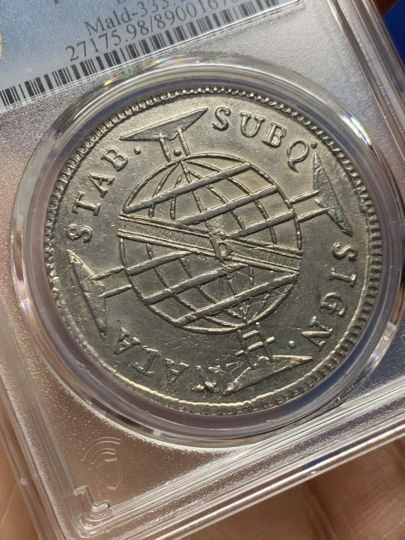 《竞宝斋》第463-465场 周日，周一，周二，3场连拍 （全场包邮）欢迎送拍 PCGS AUD 巴西1816年960R大银币，细节保存的很不错