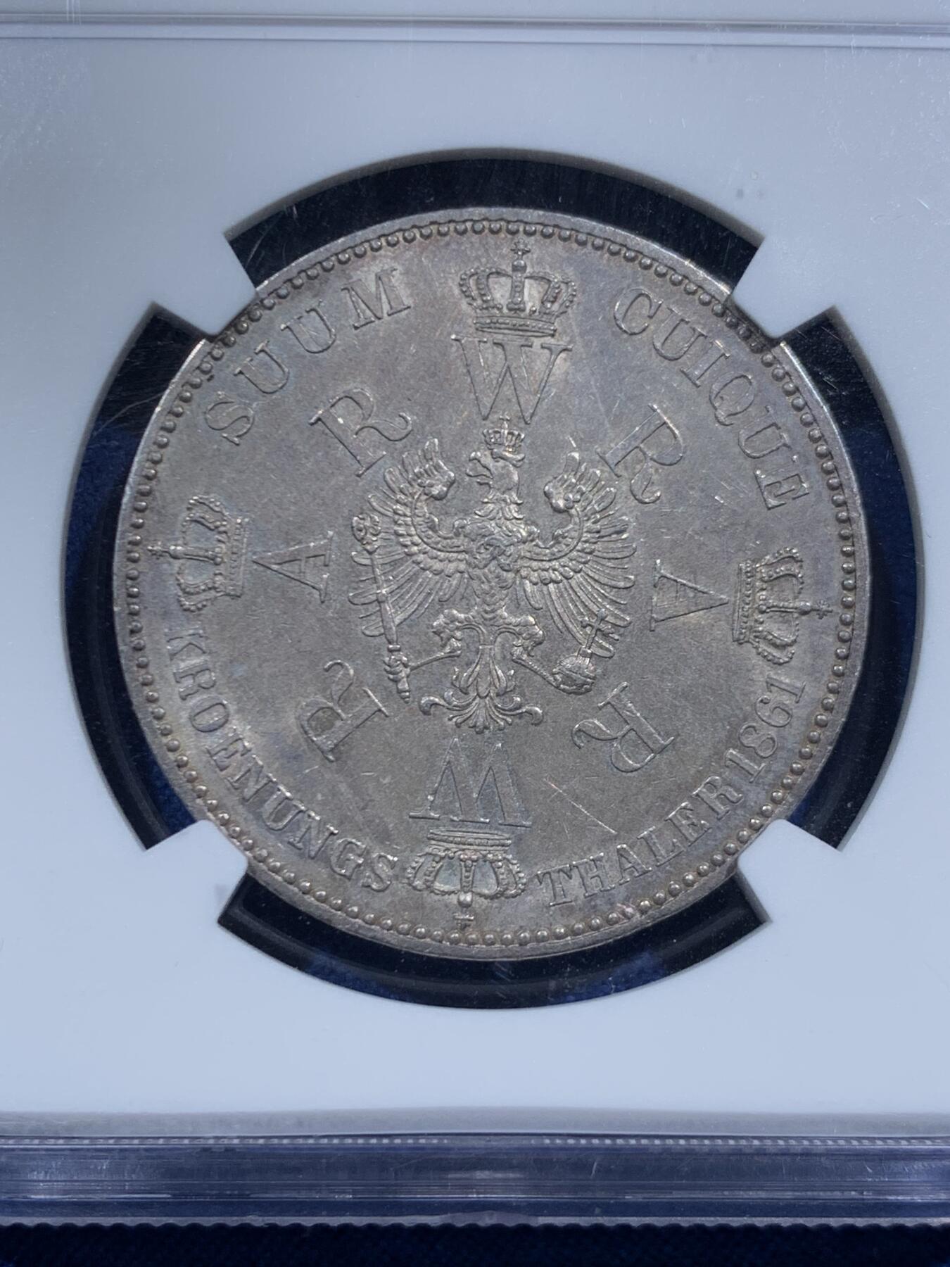 《竞宝斋》第463-465场 周日，周一，周二，3场连拍 （全场包邮）欢迎送拍 NGC MS61 德国普鲁士1861年威廉一世加冕纪念1泰勒银币