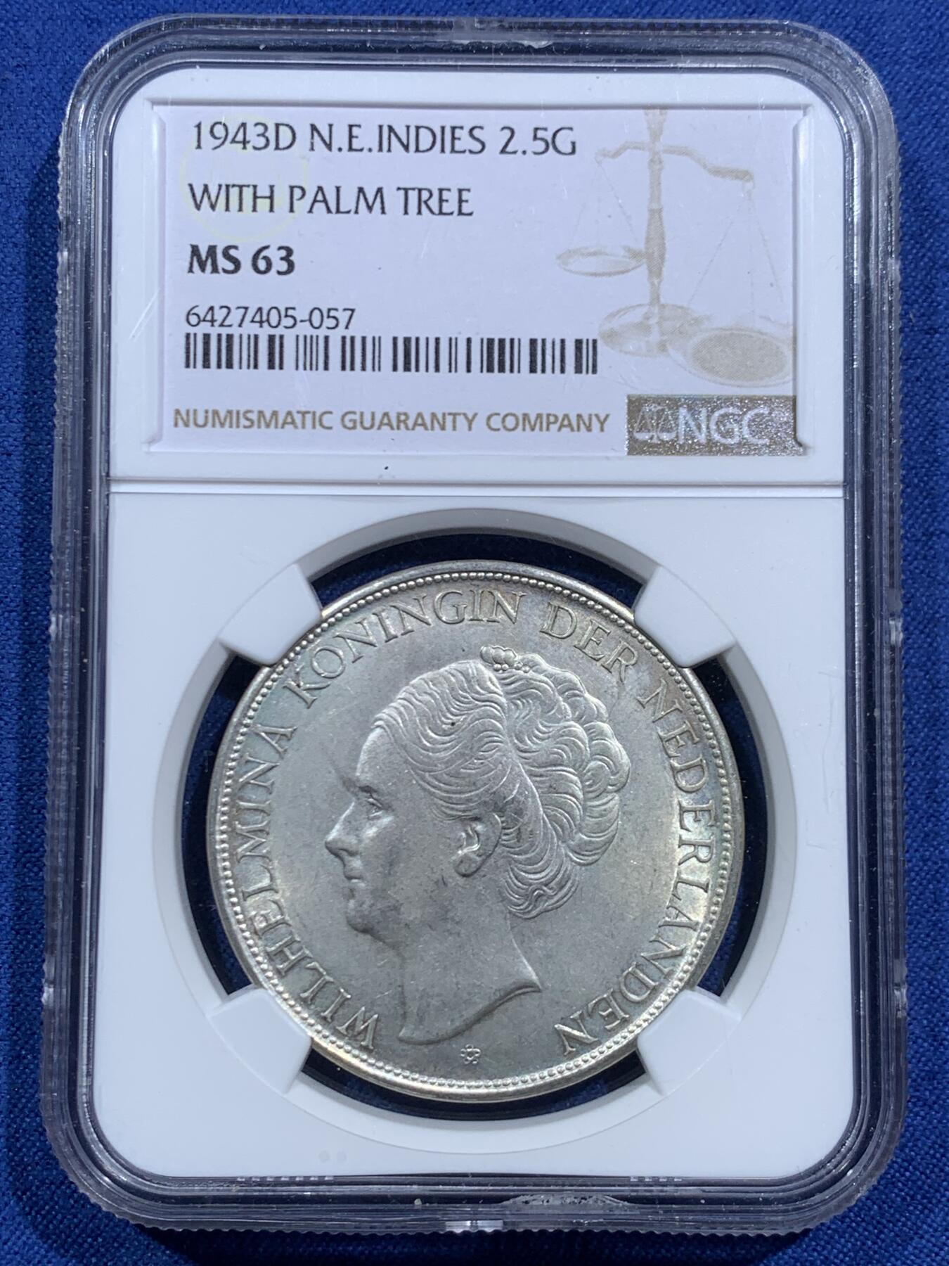 《竞宝斋》第463-465场 周日，周一，周二，3场连拍 （全场包邮）欢迎送拍 NGC MS63 荷属东印度 1943D 2.5盾大银币