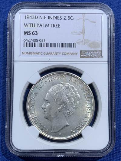 《竞宝斋》第463-465场 周日，周一，周二，3场连拍 （全场包邮）欢迎送拍 - NGC MS63 荷属东印度 1943D 2.5盾大银币