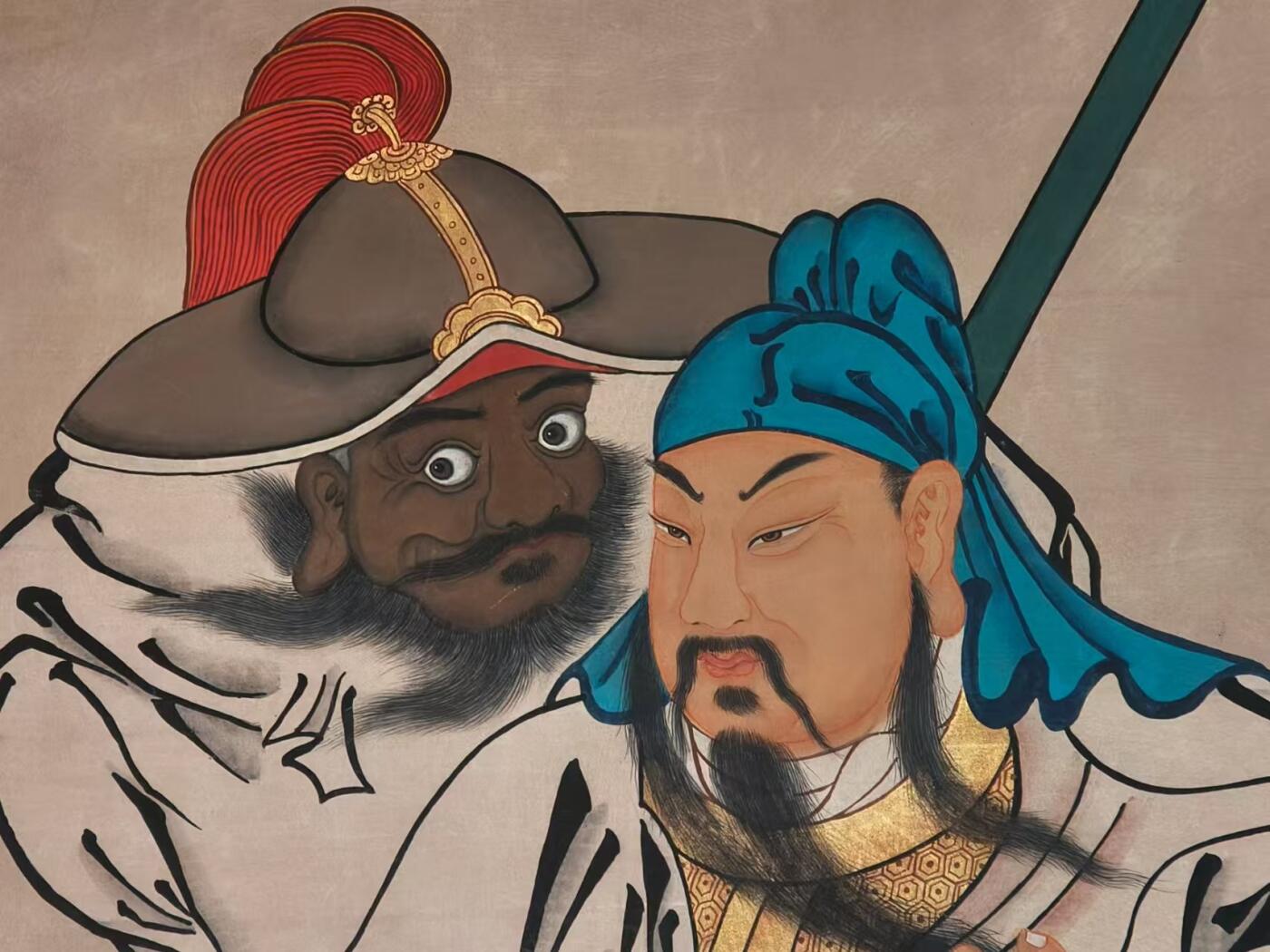 晚清民国  纯手绘老粗布  五彩描金画  关公武财神与张飞之忠義千秋 画像一张 画工精湛 人物细节描绘  栩栩如生活灵现 全品完整满工包老 值得拥有 尺寸250/120