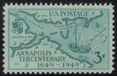 洪涛臻品批发群 精选邮票限时拍卖第1244期  - 1949美国安纳波利斯300年-地图与市徽与帆船 1全新 雕刻版原胶全品！