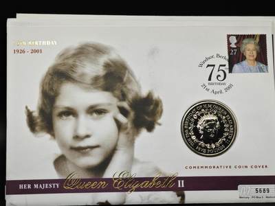 【淘币小摊】限时拍第八百六十二拍  克朗币邮币封场  满百包邮可预留两周  周一统一发货  - 根西2001年女王75周岁5镑纪念币邮币封