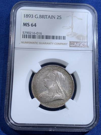 《竞宝斋》第463-465场 周日，周一，周二，3场连拍 （全场包邮）欢迎送拍 - NGC MS64 英国 1893年 维多利亚女王 2先令 银币 包浆极美，值得入藏