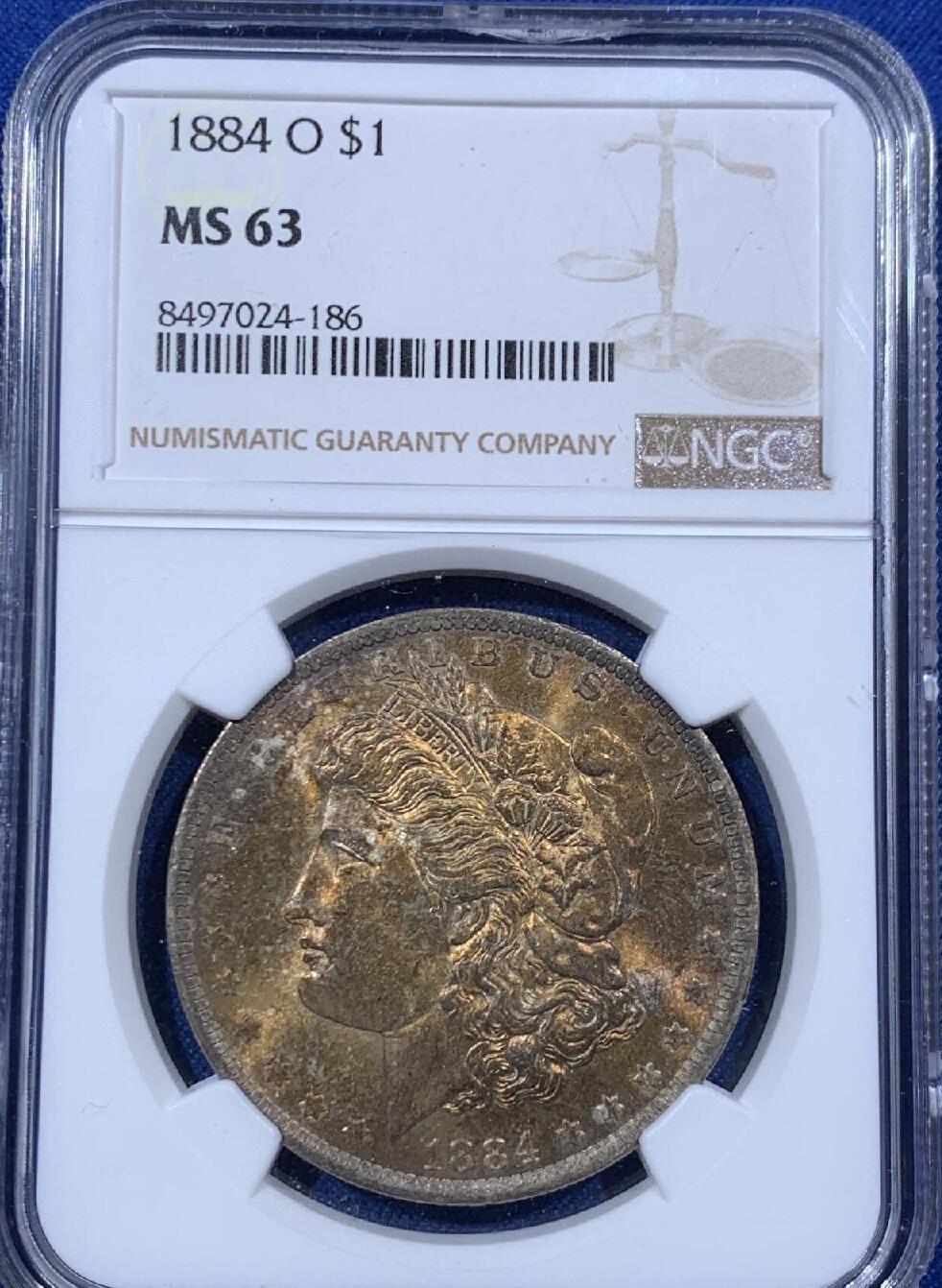 【美，炫彩】1884-O $1 美国摩根银币，NGC MS63分，高点细节俱在，鹰羽完整，金彩味道一流