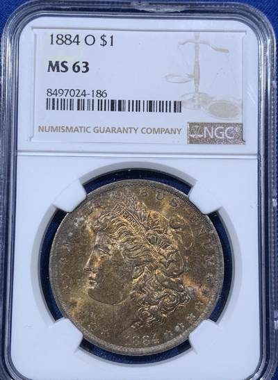 【美，炫彩】1884-O $1 美国摩根银币，NGC MS63分，高点细节俱在，鹰羽完整，金彩味道一流 - 【美，炫彩】1884-O $1 美国摩根银币，NGC MS63分，高点细节俱在，鹰羽完整，金彩味道一流