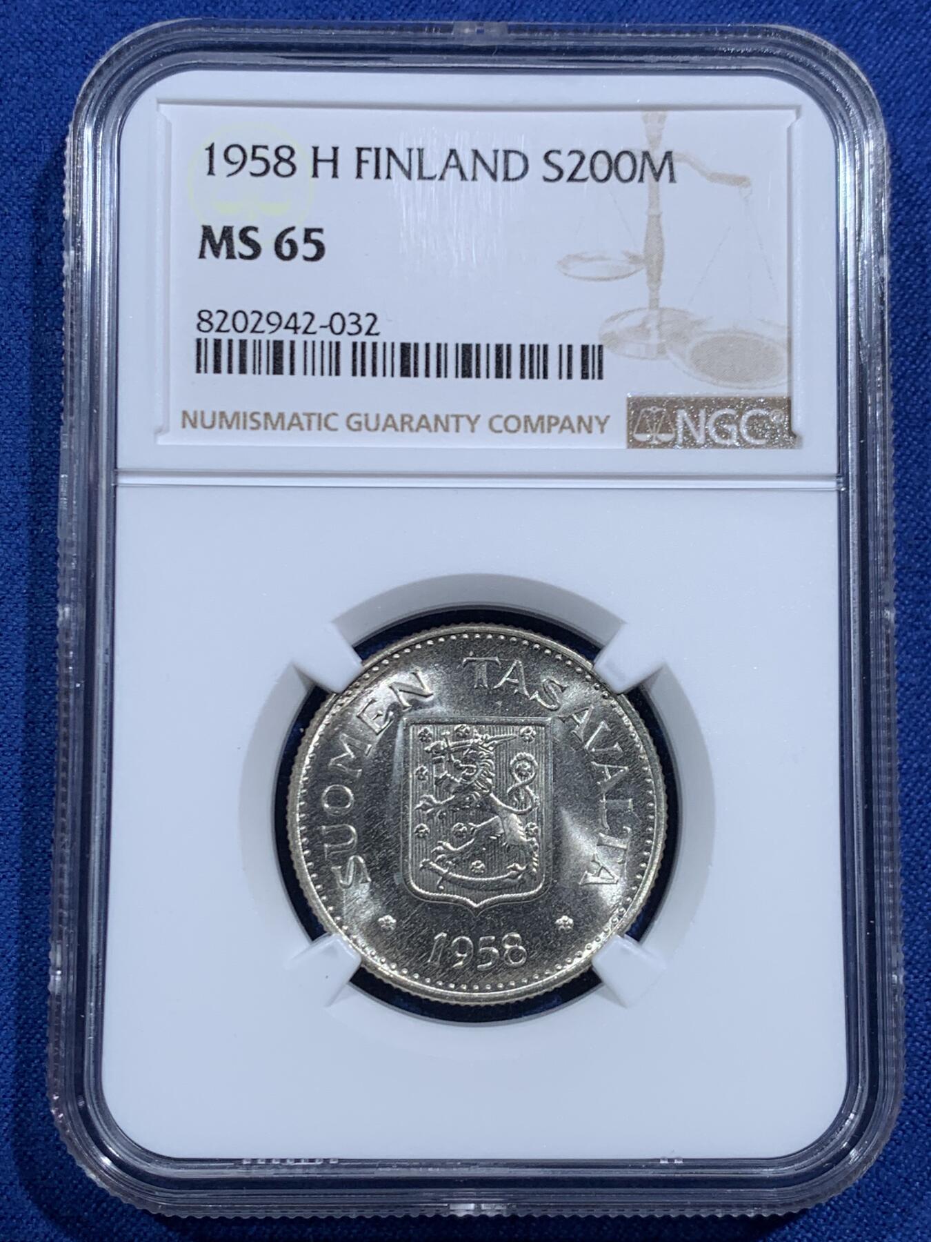 《竞宝斋》第463-465场 周日，周一，周二，3场连拍 （全场包邮）欢迎送拍 NGC MS65 芬兰1958年200马克银币 高分好品
