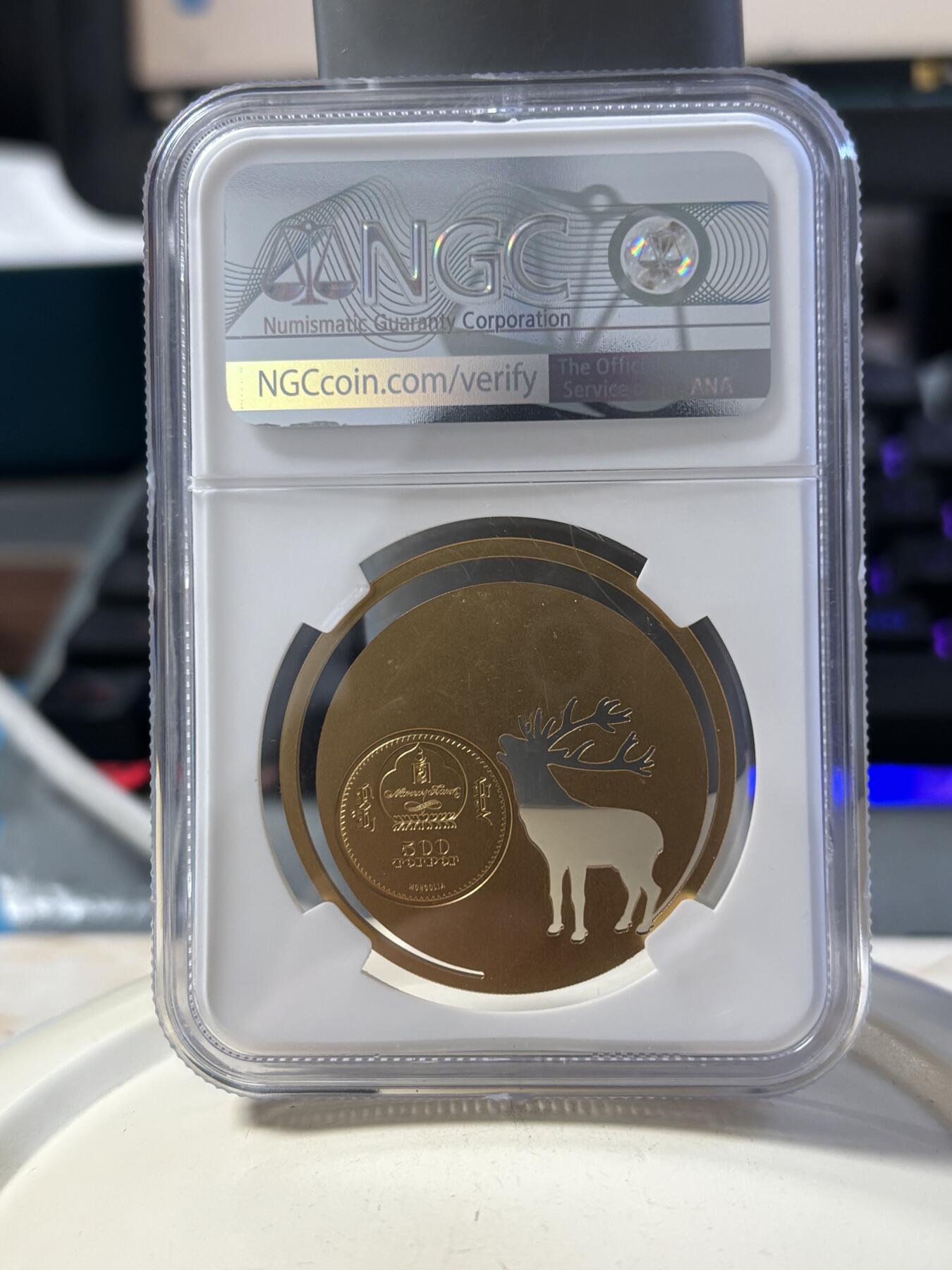 第190期拍卖 蒙古2017年自然动物麋鹿镂空镀金纪念银币NGC-MS69，925银镀金，1/2盎司，发行2500枚