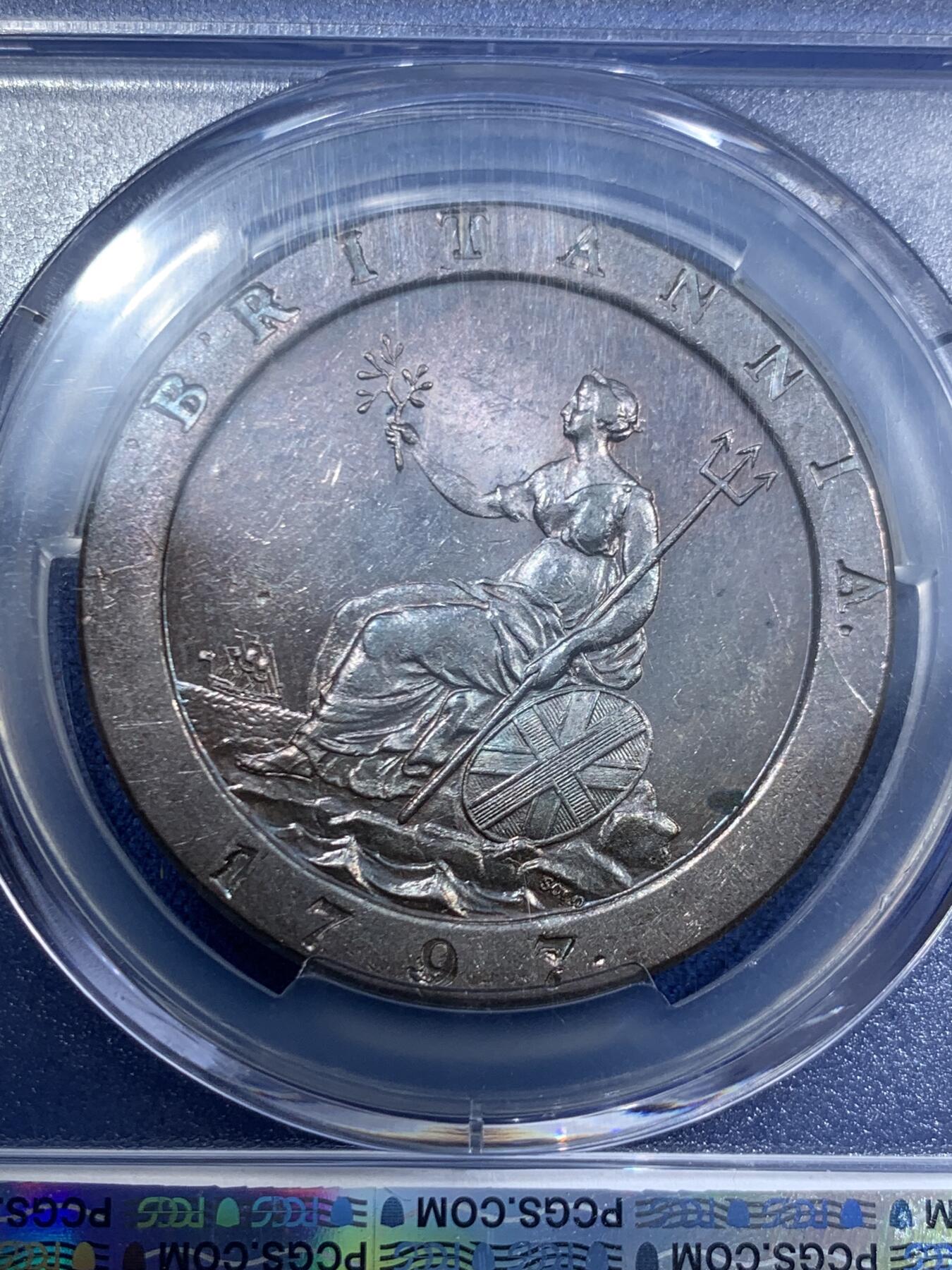 《竞宝斋》第463-465场 周日，周一，周二，3场连拍 （全场包邮）欢迎送拍 PCGS MS63BN 英国1797年乔治三世车轮1便士铜币，底板镜面感觉状态非常好