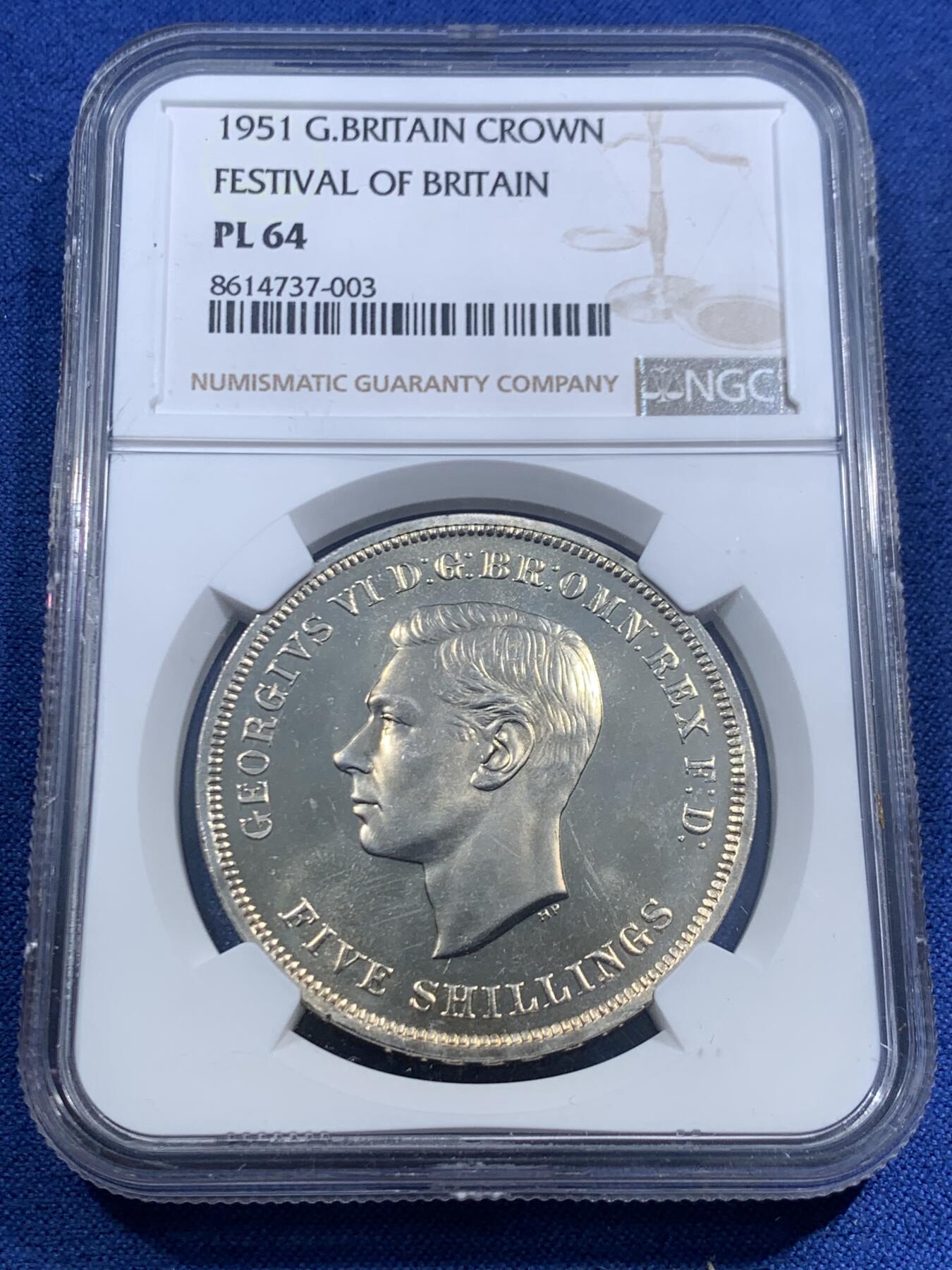 《竞宝斋》第463-465场 周日，周一，周二，3场连拍 （全场包邮）欢迎送拍 NGC PL64 英国1951年 乔治六世镍马剑克朗 不列颠节主题，乔治六世本人渴望拥有的圣乔治屠龙设计主币，也是最后一版以流通币出现的马剑克朗。银价飞涨，镍马剑的性价比又出来了，个大顶饱，实际状态优于寻常64分。