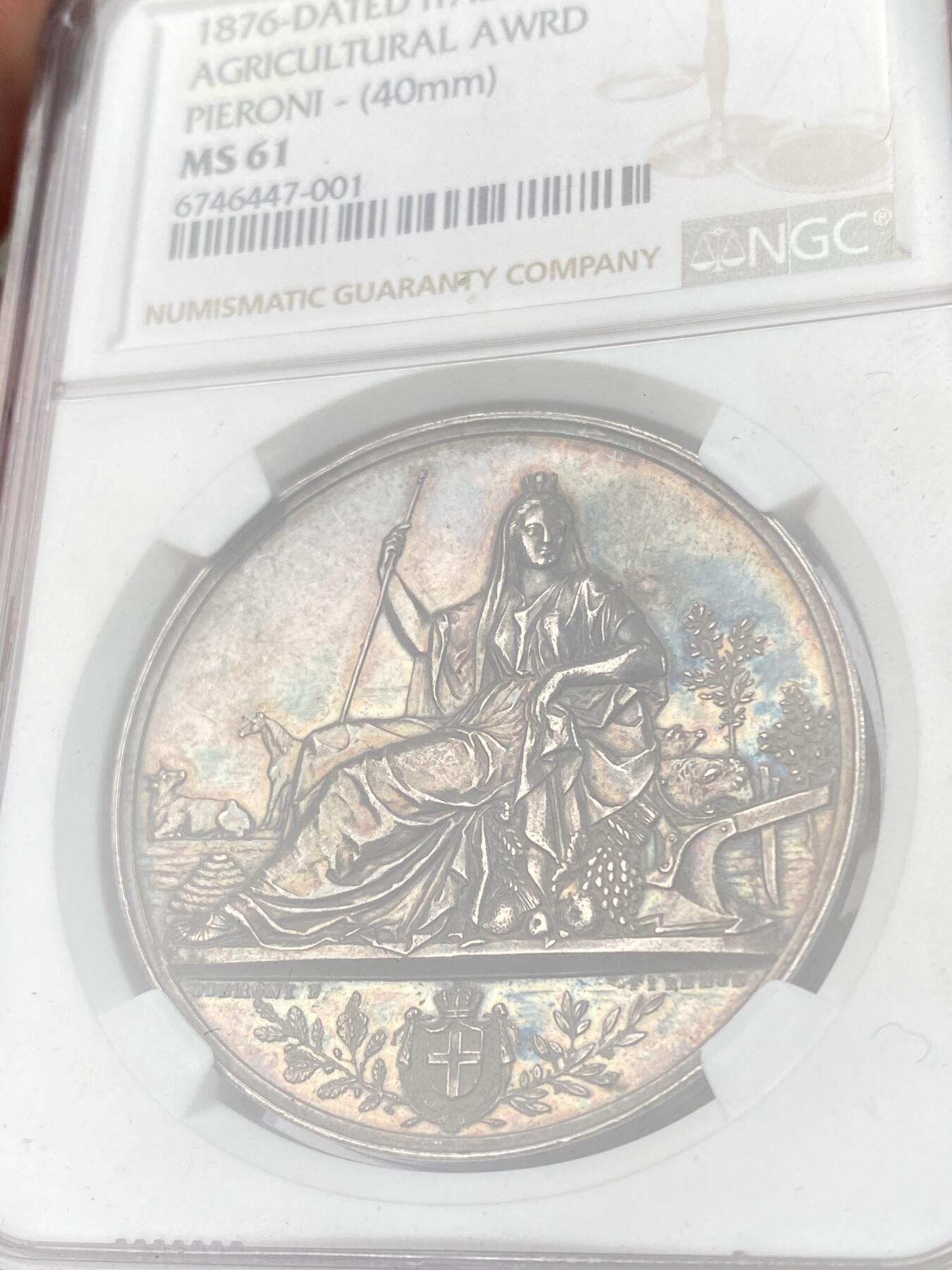 万国钱币拍卖第060期（万国六十期纪念大拍） NGC MS61 1876意大利罗马农业展纪念银章 原味欧陆孔雀蓝彩