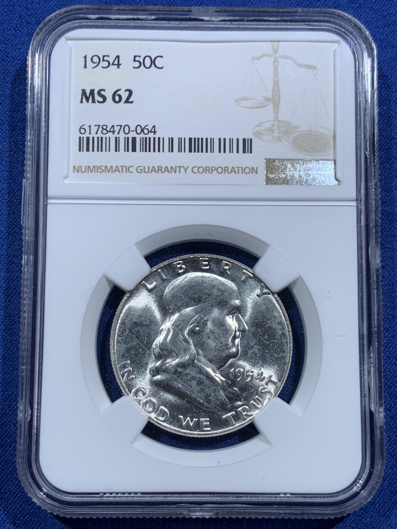 《竞宝斋》第463-465场 周日，周一，周二，3场连拍 （全场包邮）欢迎送拍 NGC MS62 美国1954年富兰克林50美分银币
