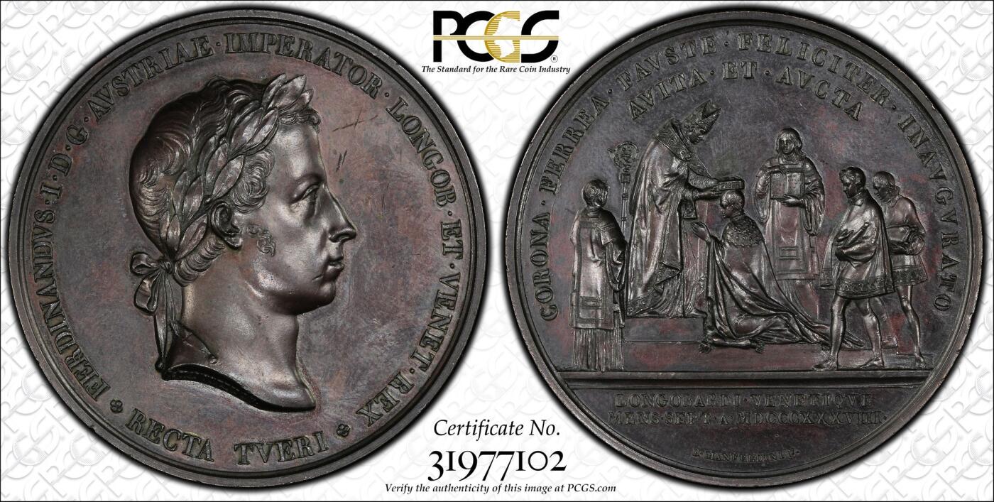 万国钱币拍卖第060期（万国六十期纪念大拍） PCGS SP62 1838年奥地利费迪南一世加冕纪念大铜章 神罗存续之皇 德意志邦联总统、匈牙利国王、克罗地亚国王和波西米亚国王 高浮雕大规格 欧洲古典艺术 PC唯一冠军（盒子表面磨损）