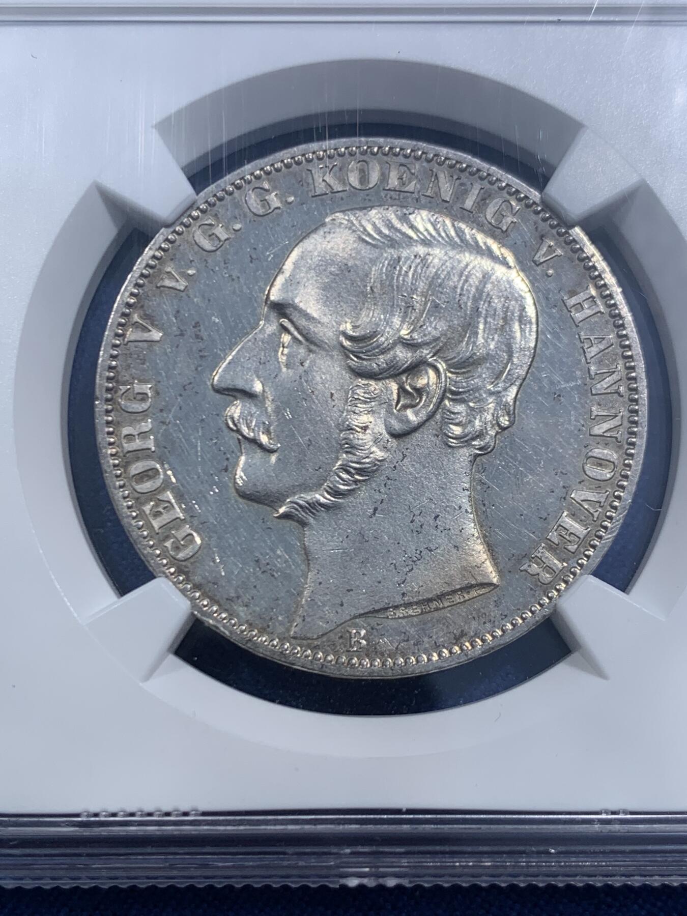 《竞宝斋》第463-465场 周日，周一，周二，3场连拍 （全场包邮）欢迎送拍 NGC MS62 德国 1865汉诺威和东弗里士兰联合50周年纪念泰勒，PL底板 发行量仅1000枚，是同系列橡树泰勒发现量的一半 非常难遇的品种