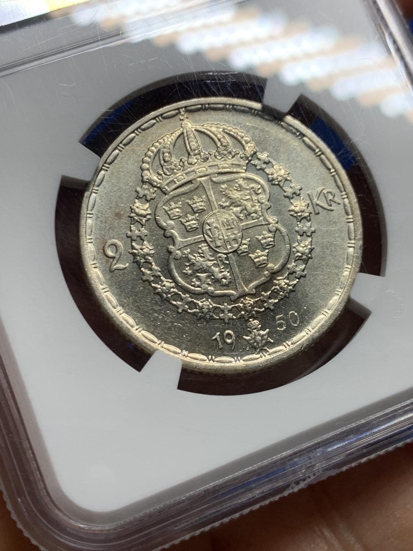 《竞宝斋》第463-465场 周日，周一，周二，3场连拍 （全场包邮）欢迎送拍 NGC MS64 瑞典 1950年 古斯塔夫五世国王 2克朗 银币