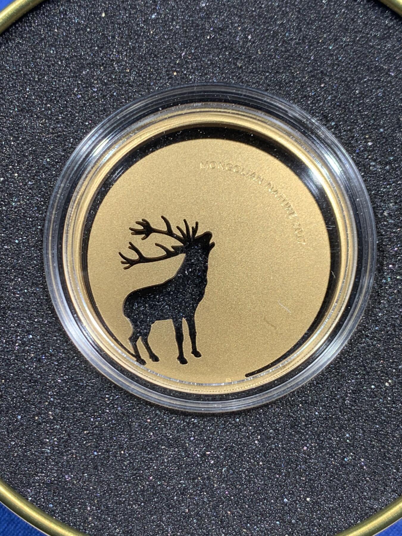 《竞宝斋》第463-465场 周日，周一，周二，3场连拍 （全场包邮）欢迎送拍 蒙古2017年500图格里克普制镀金银币 咆哮的鹿 925银1/2盎司 发行量：2千5百 盒证全