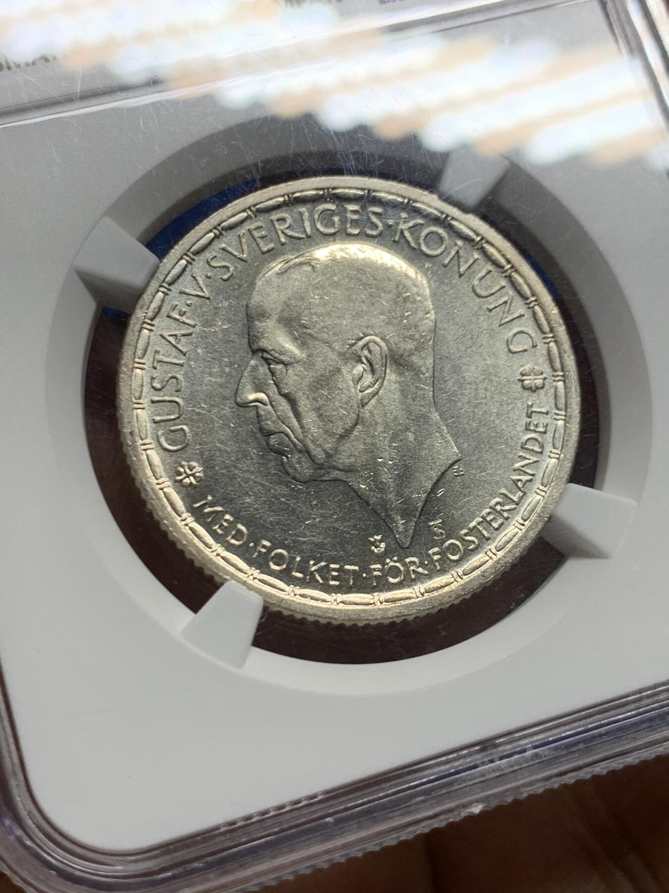 《竞宝斋》第463-465场 周日，周一，周二，3场连拍 （全场包邮）欢迎送拍 NGC MS64 瑞典 1950年 古斯塔夫五世国王 2克朗 银币