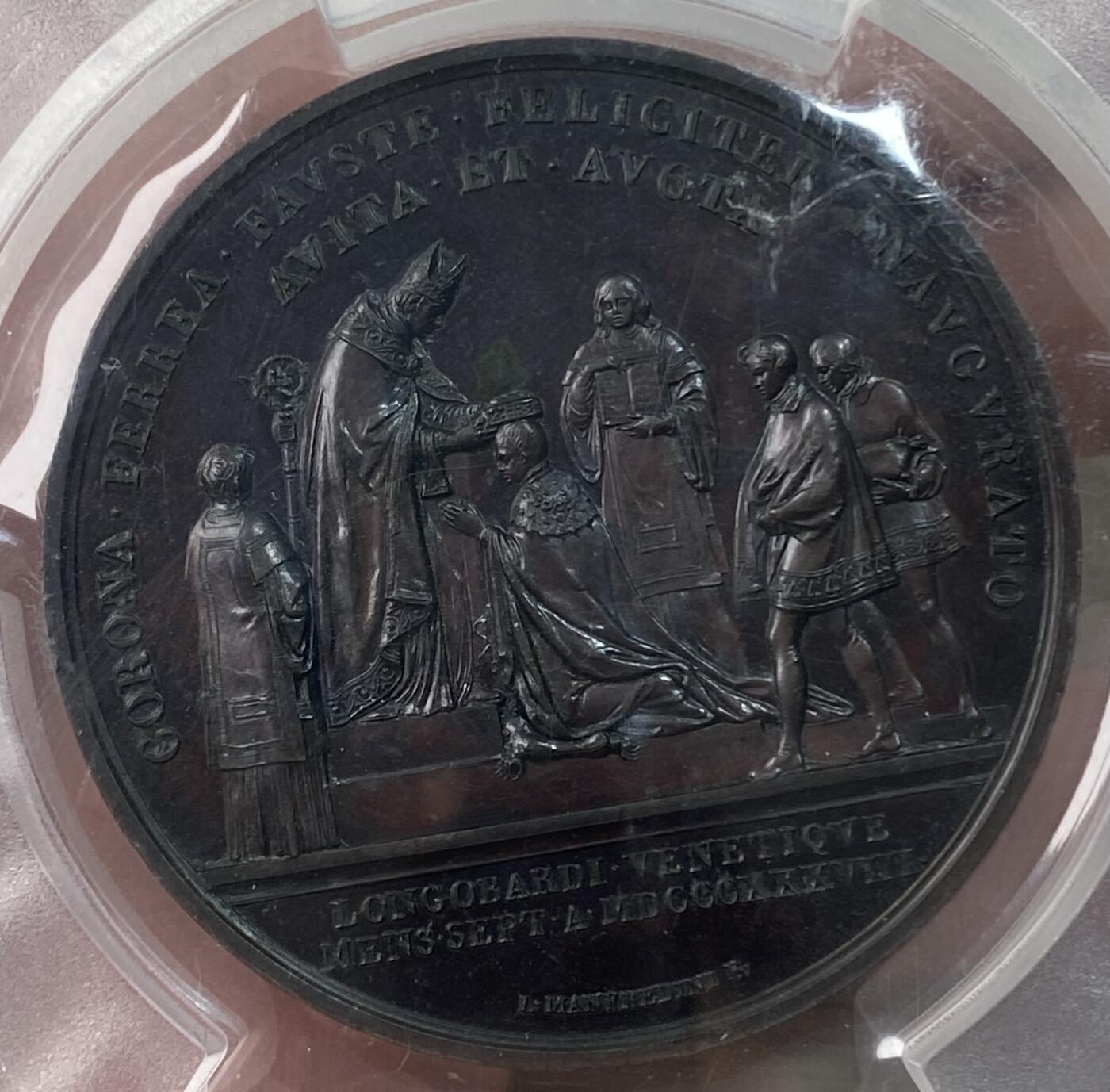 万国钱币拍卖第060期（万国六十期纪念大拍） PCGS SP62 1838年奥地利费迪南一世加冕纪念大铜章 神罗存续之皇 德意志邦联总统、匈牙利国王、克罗地亚国王和波西米亚国王 高浮雕大规格 欧洲古典艺术 PC唯一冠军（盒子表面磨损）