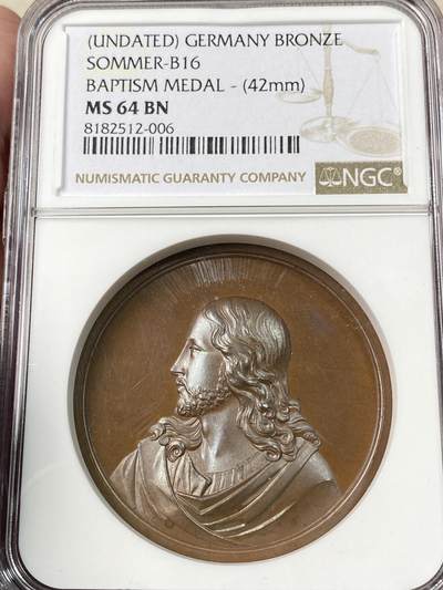 万国钱币拍卖第060期（万国六十期纪念大拍） - NGC MS64 19世纪德国宗教洗礼铜章 背面是耶稣在约旦河中为约翰施洗的经典场景 转动时币面有圣光闪烁 原味高浮雕大规格收藏级品质