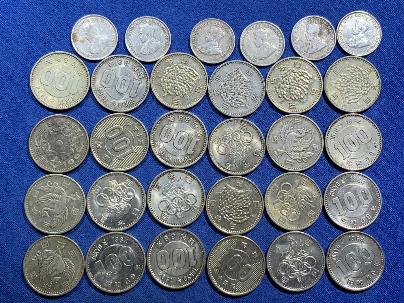 《竞宝斋》第463-465场 周日，周一，周二，3场连拍 （全场包邮）欢迎送拍 30枚一组 日本东京奥运会100円13枚+稻穗100円7枚+单凤100元4枚+海峡乔治五世10分6枚 600银 总重约130.7克