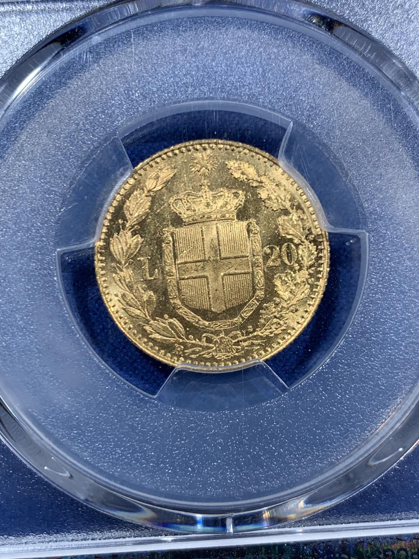 《竞宝斋》第463-465场 周日，周一，周二，3场连拍 （全场包邮）欢迎送拍 PCGS MS64 意大利 1882年 里拉金币 PL状态 900金 6.45克