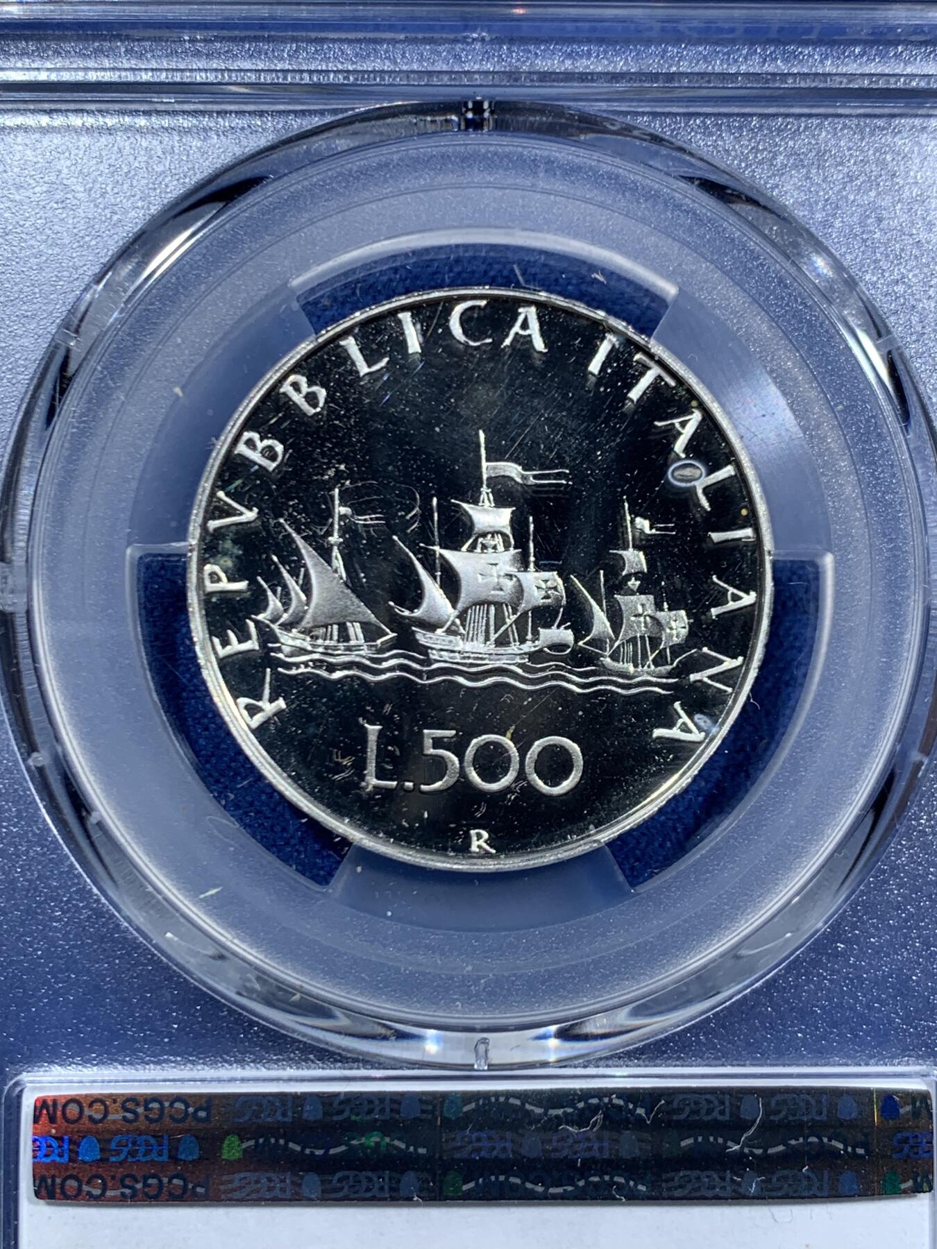 《竞宝斋》第463-465场 周日，周一，周二，3场连拍 （全场包邮）欢迎送拍 亚军分 PCGS PR68DCAM 意大利 1985年 帆船少女 精制500里拉银币 首年发行的精制 镜面光十足