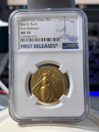 第190期拍卖 - 帕劳2022年复刻古希腊蜜蜂和雄鹿银币NGC-MS70首期，999银镀金，15克，发行500枚
