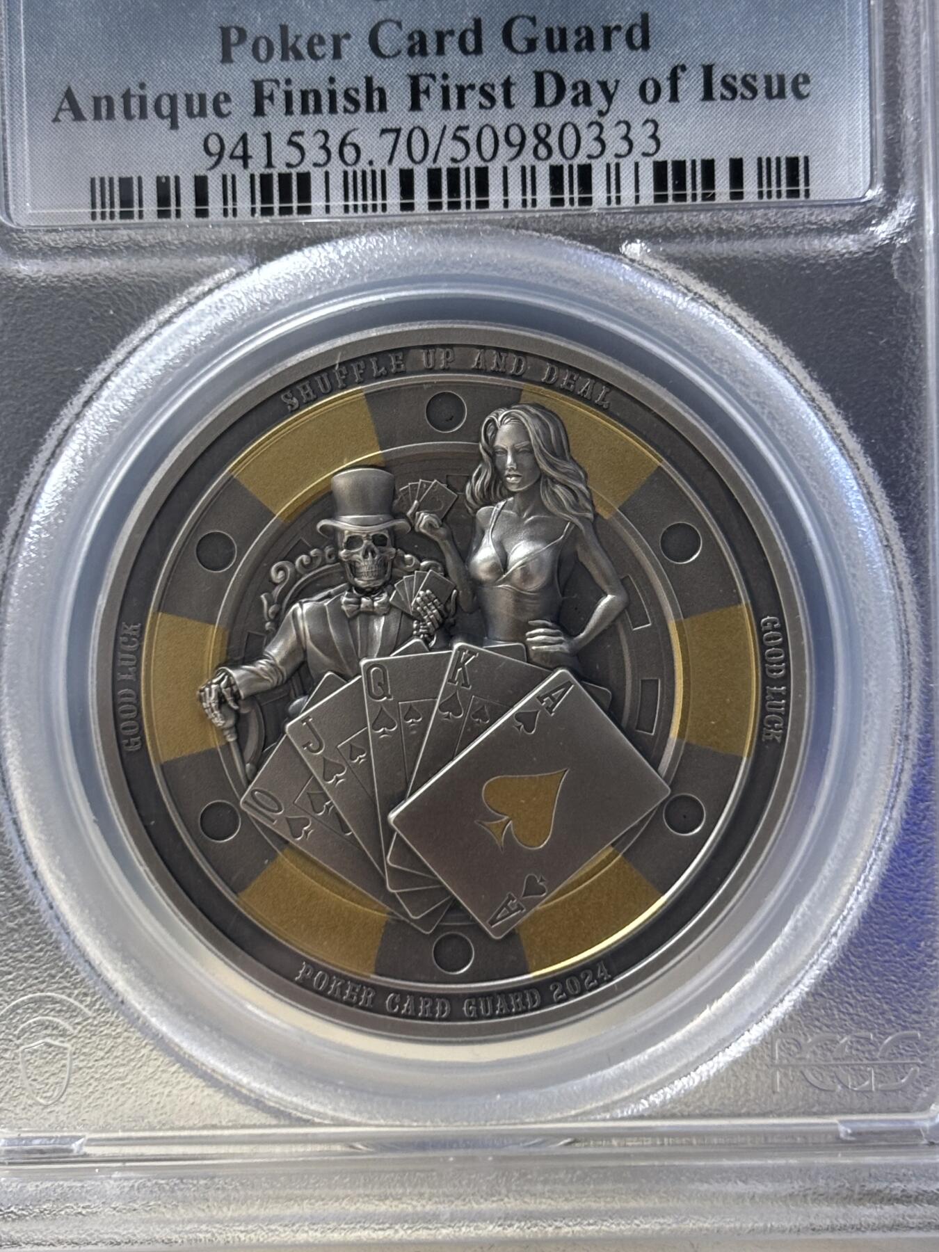 第190期拍卖 帕劳2024年扑克警卫镀金仿古浮雕银币PCGS-SP70,9999银，1盎司，发行1111枚