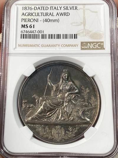 万国钱币拍卖第060期（万国六十期纪念大拍） - NGC MS61 1876意大利罗马农业展纪念银章 原味欧陆孔雀蓝彩