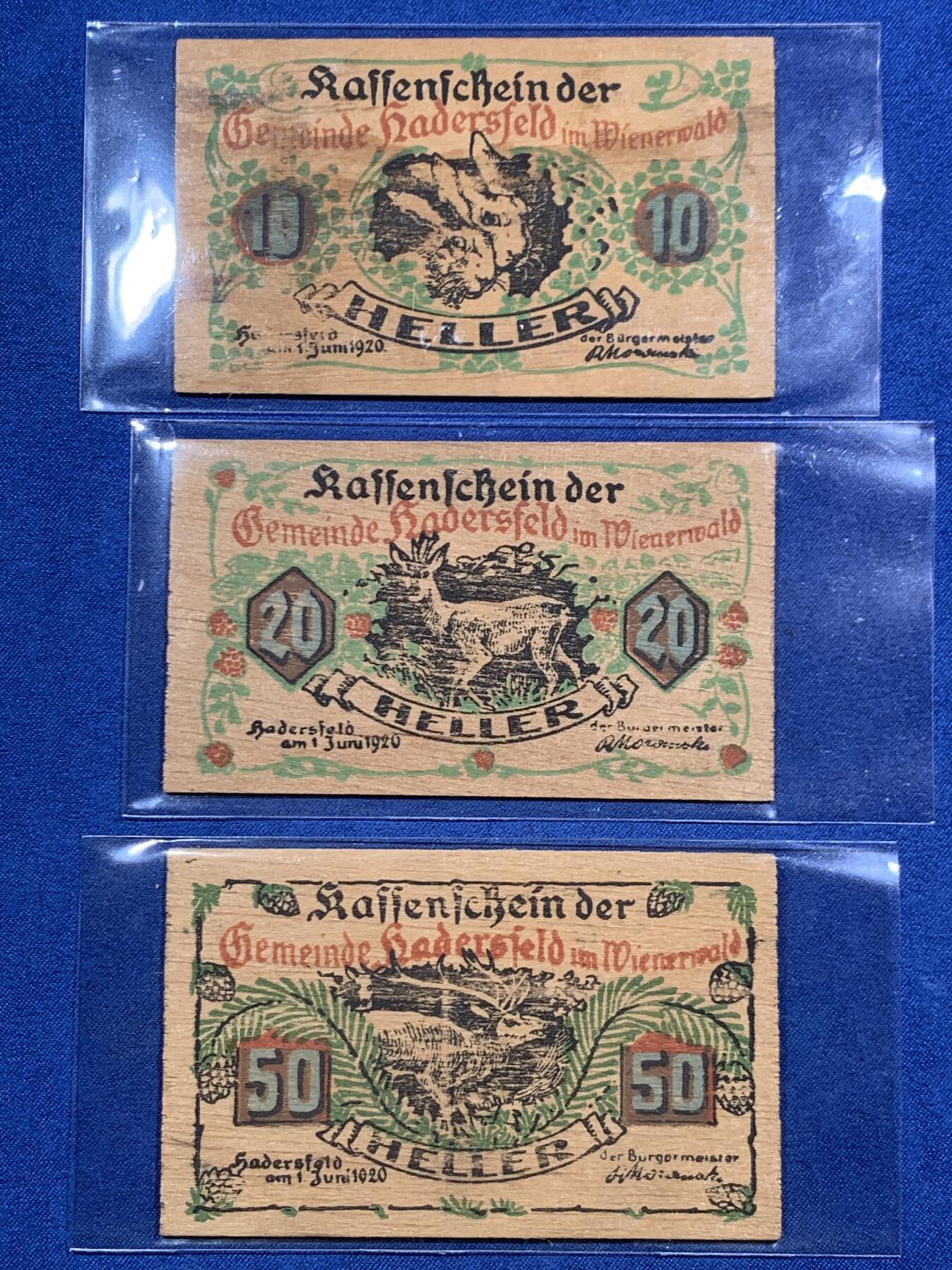 《竞宝斋》第463-465场 周日，周一，周二，3场连拍 （全场包邮）欢迎送拍 奥地利Hadersfeld哈德斯菲尔德，1920年10-20-50赫勒 木质紧急状态币 比较淡雅的为多字版，成套不易。年代久远，木头不易保存，如此品相的依然难得一见