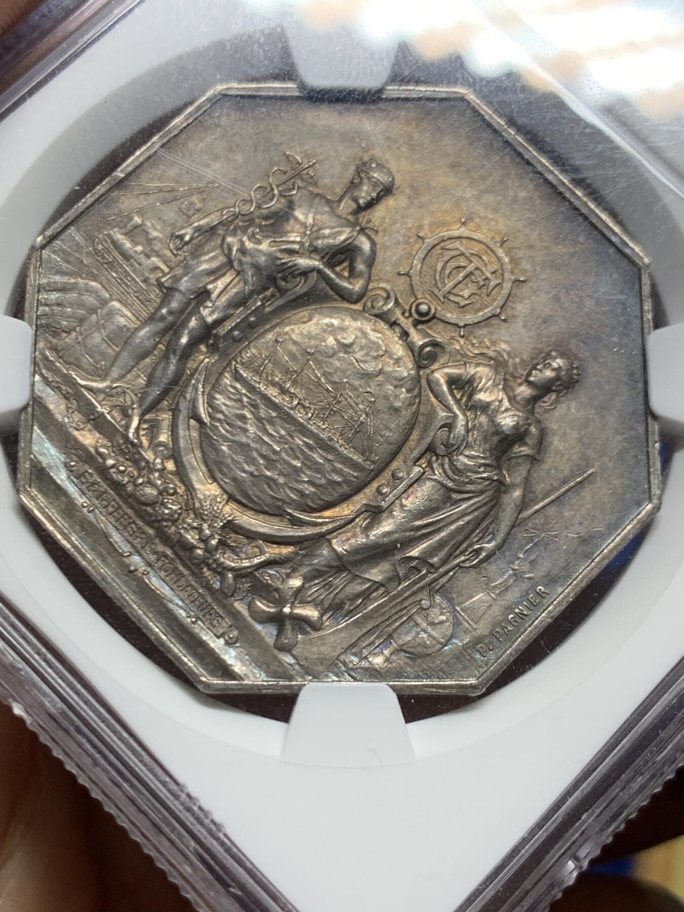 《竞宝斋》第463-465场 周日，周一，周二，3场连拍 （全场包邮）欢迎送拍 NGC MS63 法国跨大西洋邮政公司大型八角银质代币 包浆不错