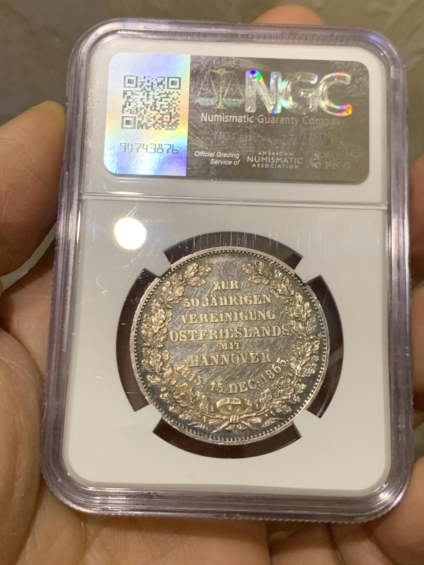 《竞宝斋》第463-465场 周日，周一，周二，3场连拍 （全场包邮）欢迎送拍 NGC MS62 德国 1865汉诺威和东弗里士兰联合50周年纪念泰勒，PL底板 发行量仅1000枚，是同系列橡树泰勒发现量的一半 非常难遇的品种