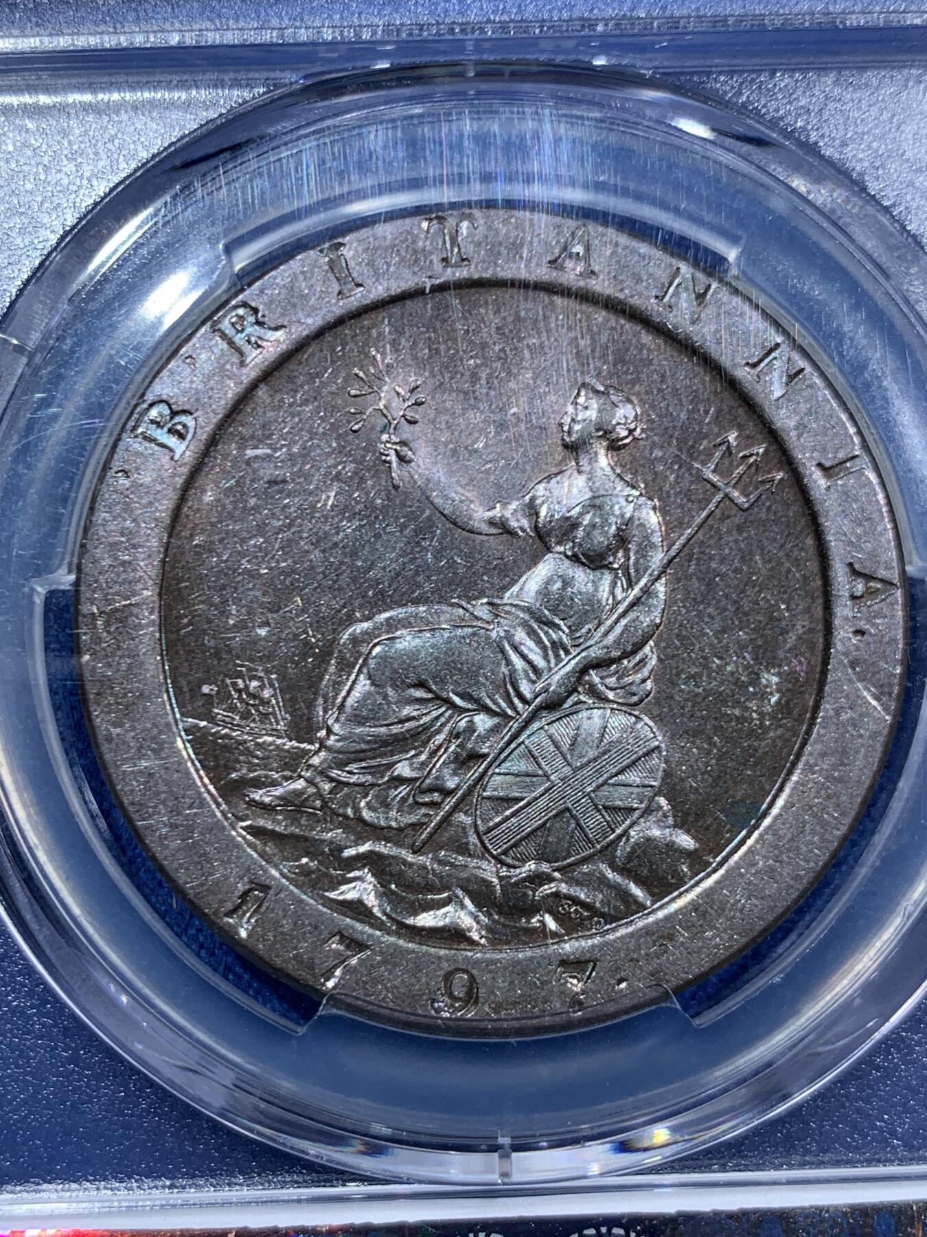 《竞宝斋》第463-465场 周日，周一，周二，3场连拍 （全场包邮）欢迎送拍 PCGS MS63BN 英国1797年乔治三世车轮1便士铜币，底板镜面感觉状态非常好