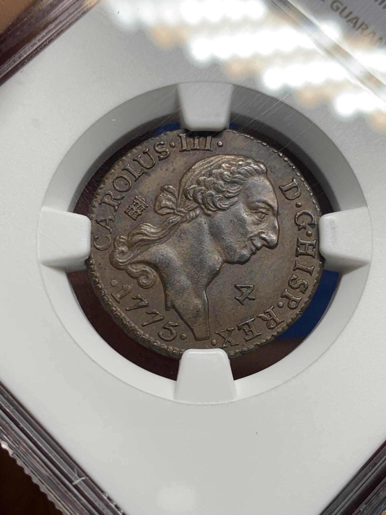 《竞宝斋》第463-465场 周日，周一，周二，3场连拍 （全场包邮）欢迎送拍 唯一冠军分 NGC MS62BN 西班牙 本土 1775年 卡三 4M 铜币 好状态的比主币难很多