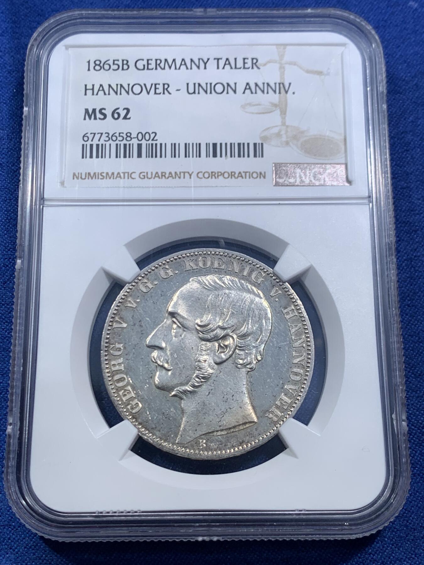 《竞宝斋》第463-465场 周日，周一，周二，3场连拍 （全场包邮）欢迎送拍 NGC MS62 德国 1865汉诺威和东弗里士兰联合50周年纪念泰勒，PL底板 发行量仅1000枚，是同系列橡树泰勒发现量的一半 非常难遇的品种