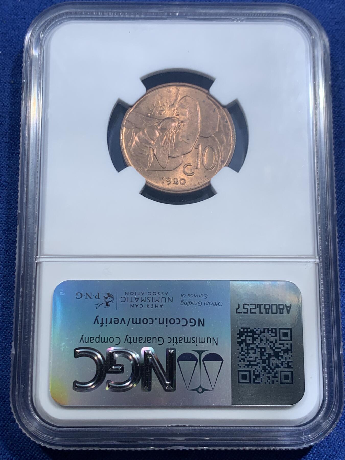 《竞宝斋》第463-465场 周日，周一，周二，3场连拍 （全场包邮）欢迎送拍 NGC MS64RB 意大利1920年小蜜蜂10分，古典主义风格代表作品，极美的设计，原铜光不容易