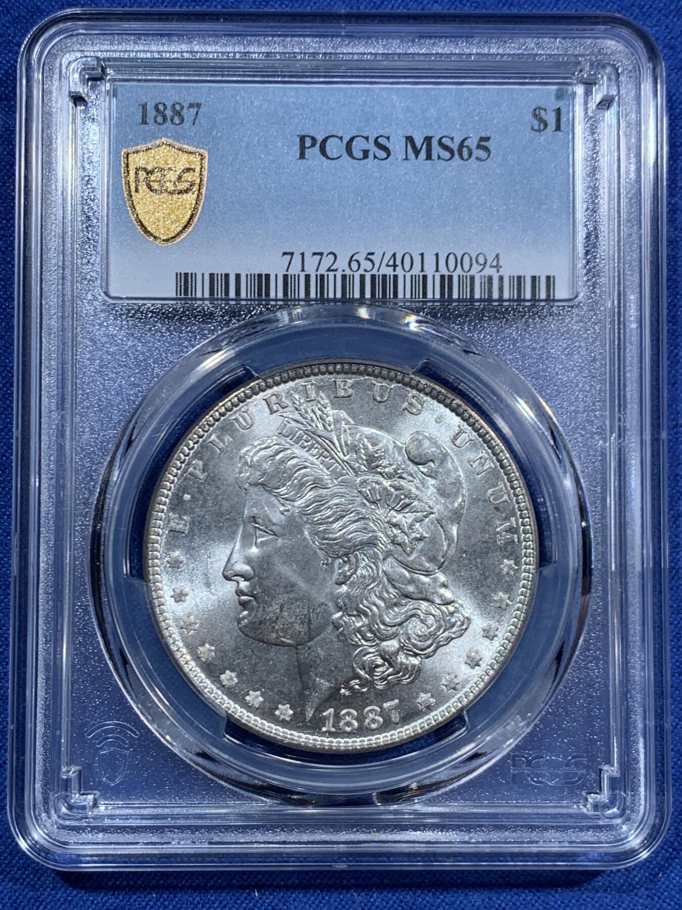 《竞宝斋》第463-465场 周日，周一，周二，3场连拍 （全场包邮）欢迎送拍 PCGS MS65 美国 1887年 1美元 摩根银币 底板光度非常足 同分中好品